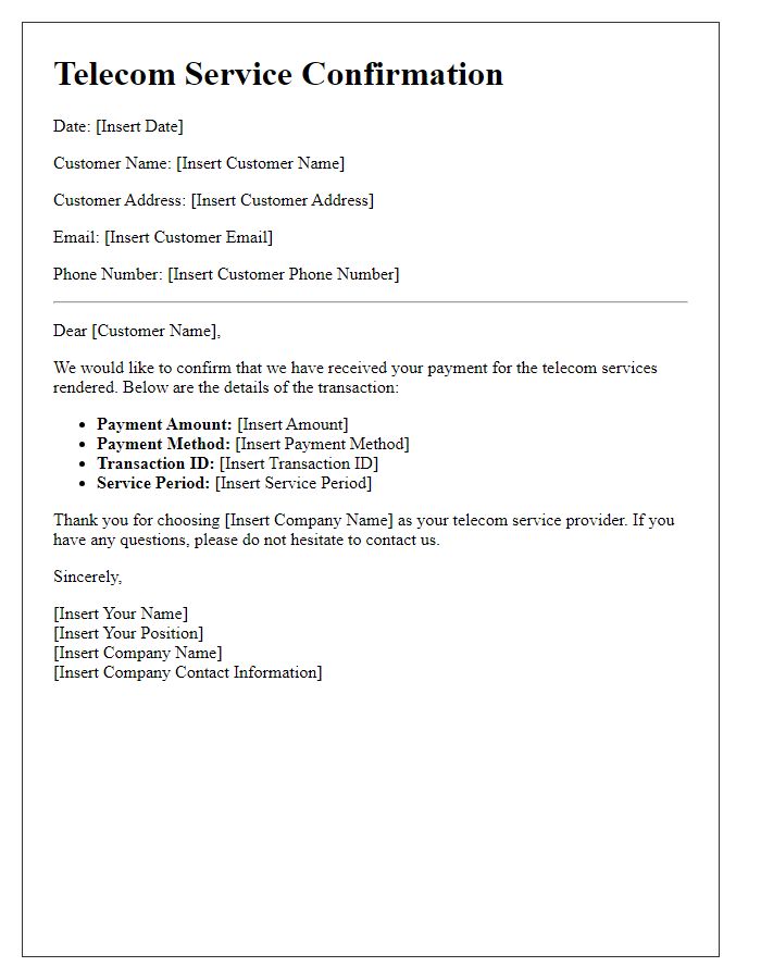 Letter template of telecom service confirmation for payment receipt