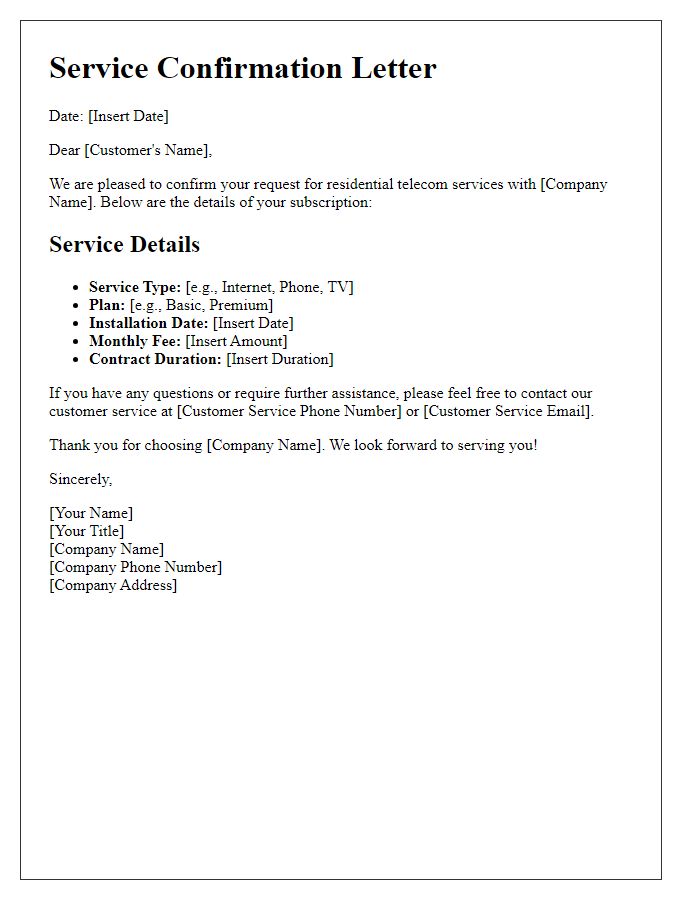 Letter template of telecom service confirmation for residential services