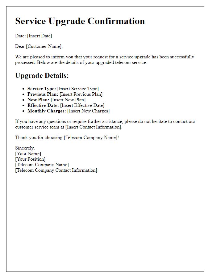Letter template of telecom service confirmation for service upgrades
