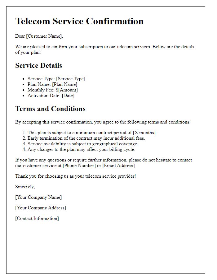 Letter template of telecom service confirmation with terms and conditions