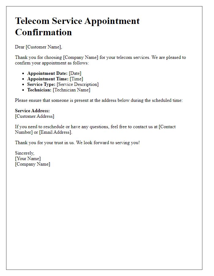 Letter template of telecom service appointment confirmation