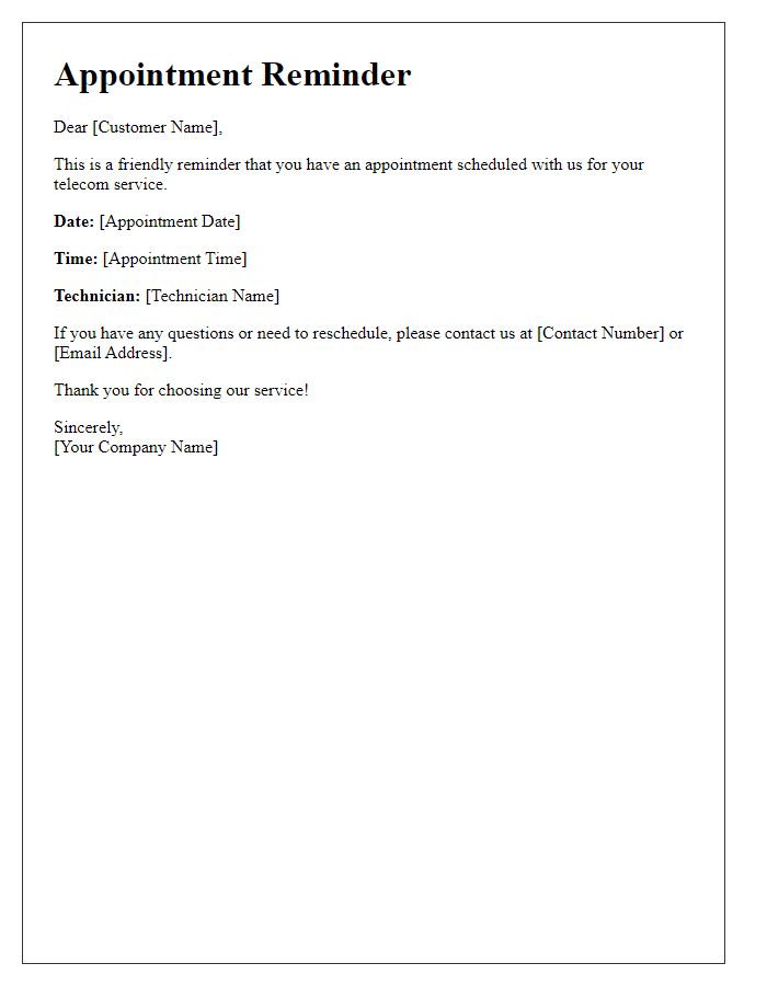 Letter template of telecom service appointment reminder