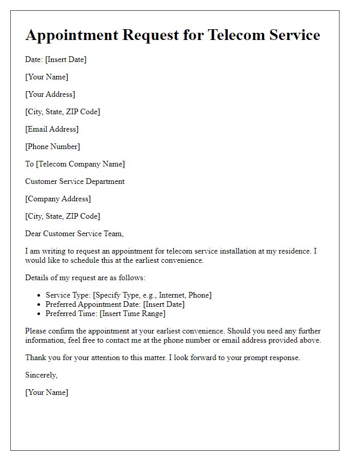 Letter template of telecom service appointment request