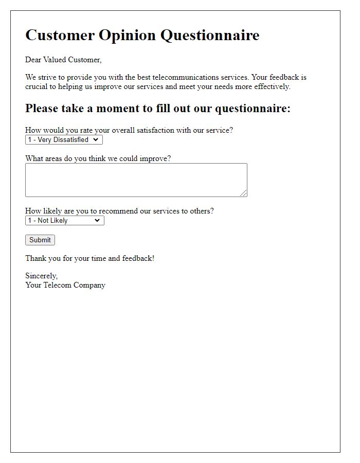 Letter template of telecom customer opinion questionnaire