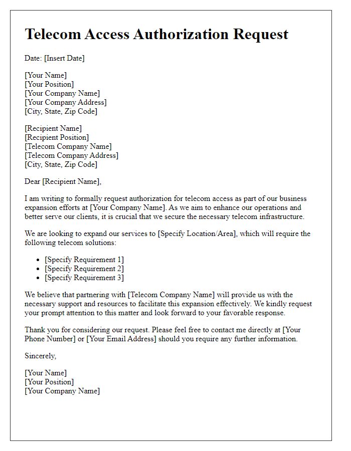 Letter template of telecom access authorization request for business expansion