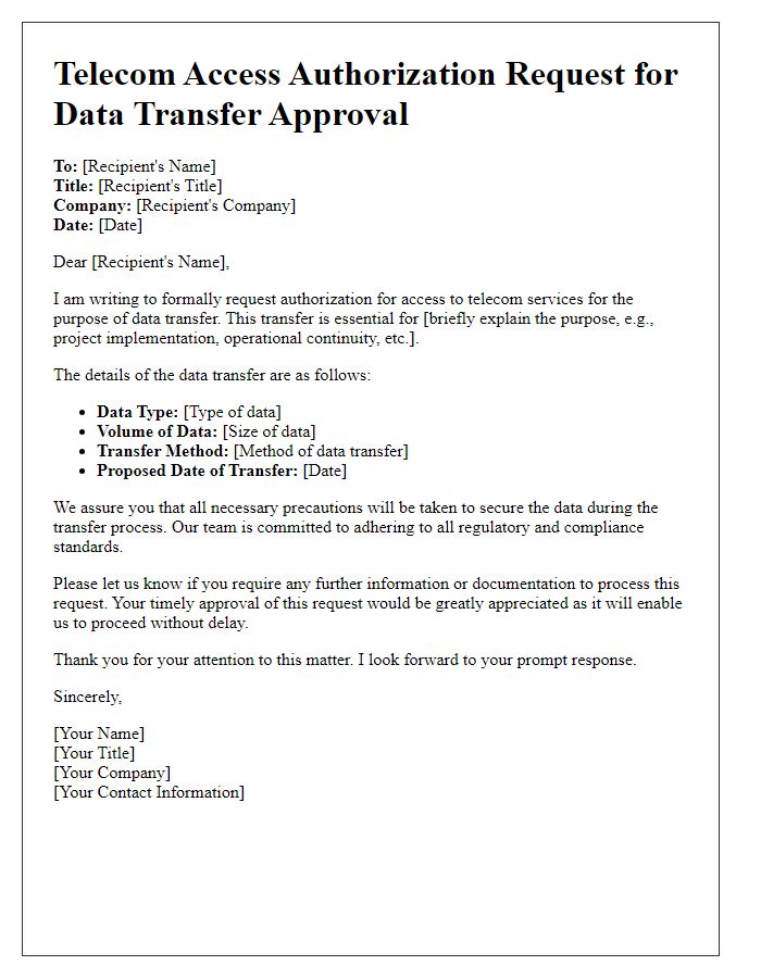 Letter template of telecom access authorization request for data transfer approval