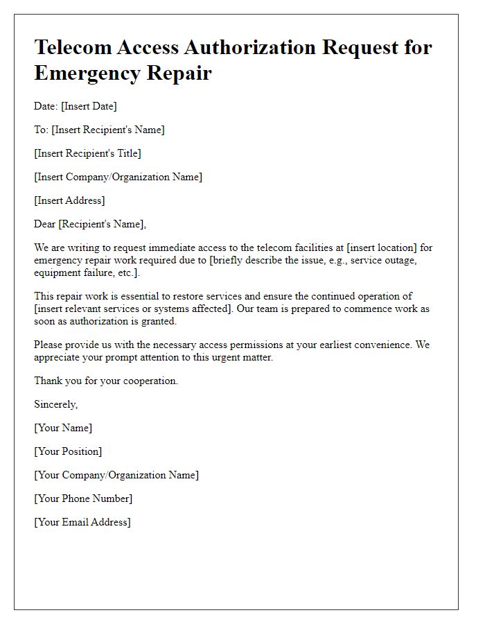 Letter template of telecom access authorization request for emergency repair