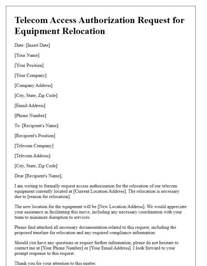 Letter template of telecom access authorization request for equipment relocation