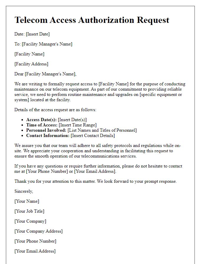 Letter template of telecom access authorization request for facility maintenance