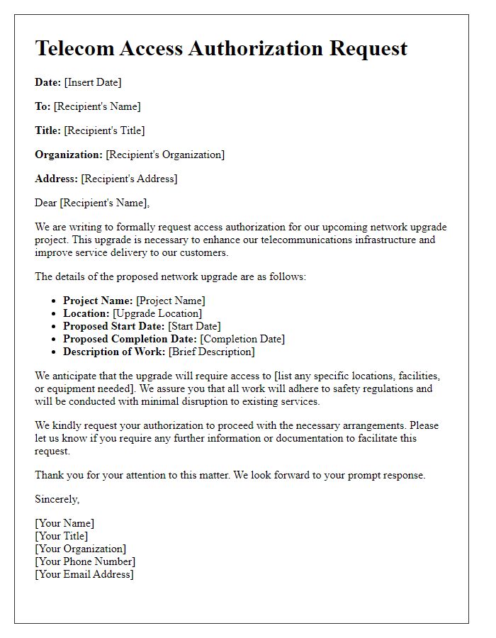 Letter template of telecom access authorization request for network upgrade