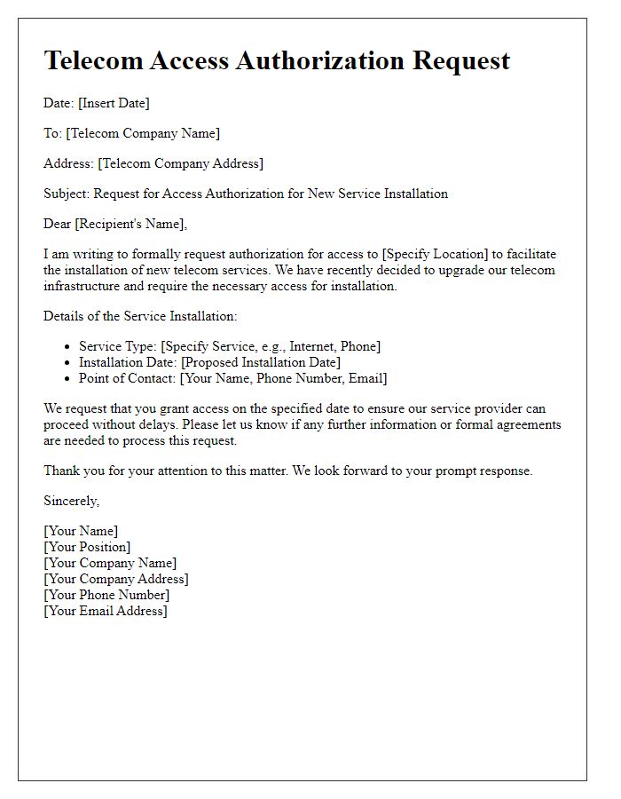 Letter template of telecom access authorization request for new service installation