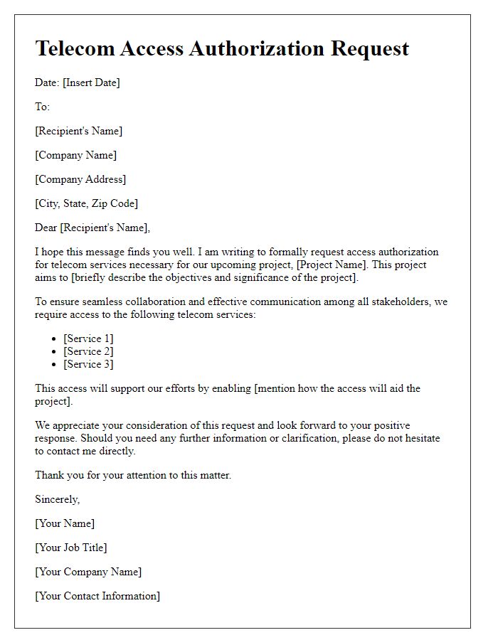 Letter template of telecom access authorization request for project collaboration