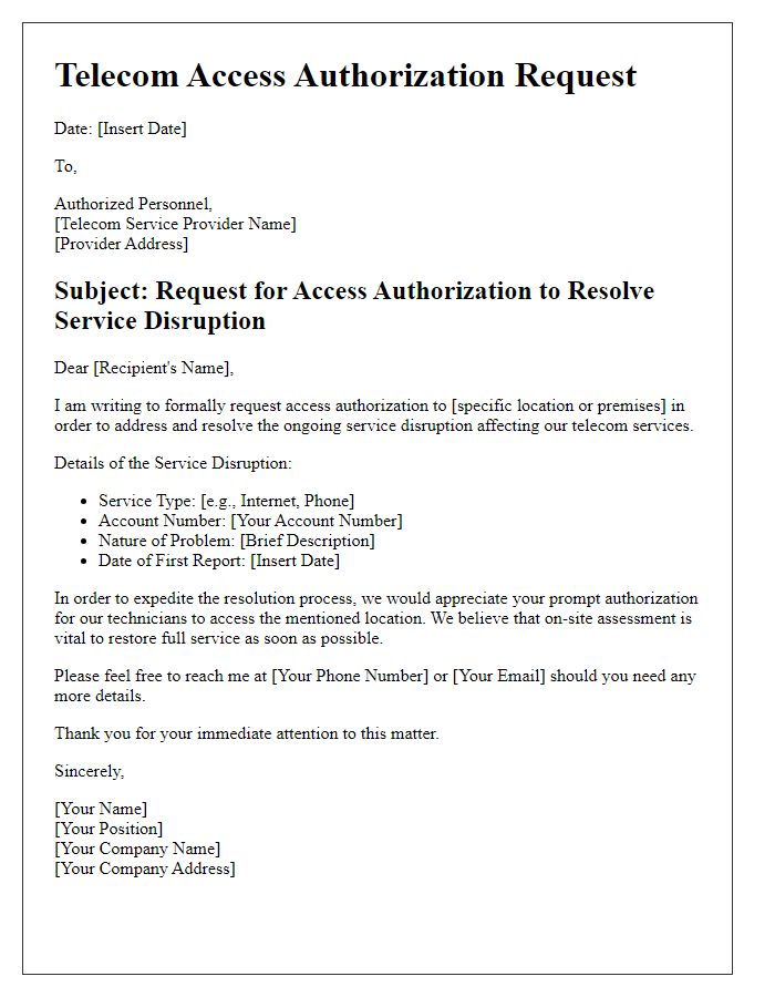 Letter template of telecom access authorization request for service disruption resolution