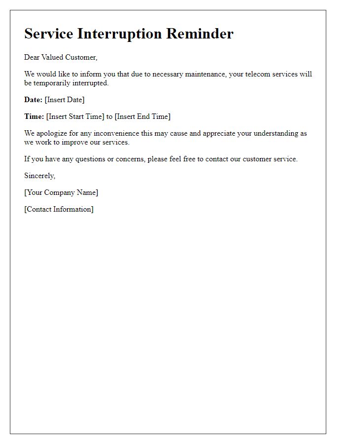 Letter template of imminent telecom service interruption reminder