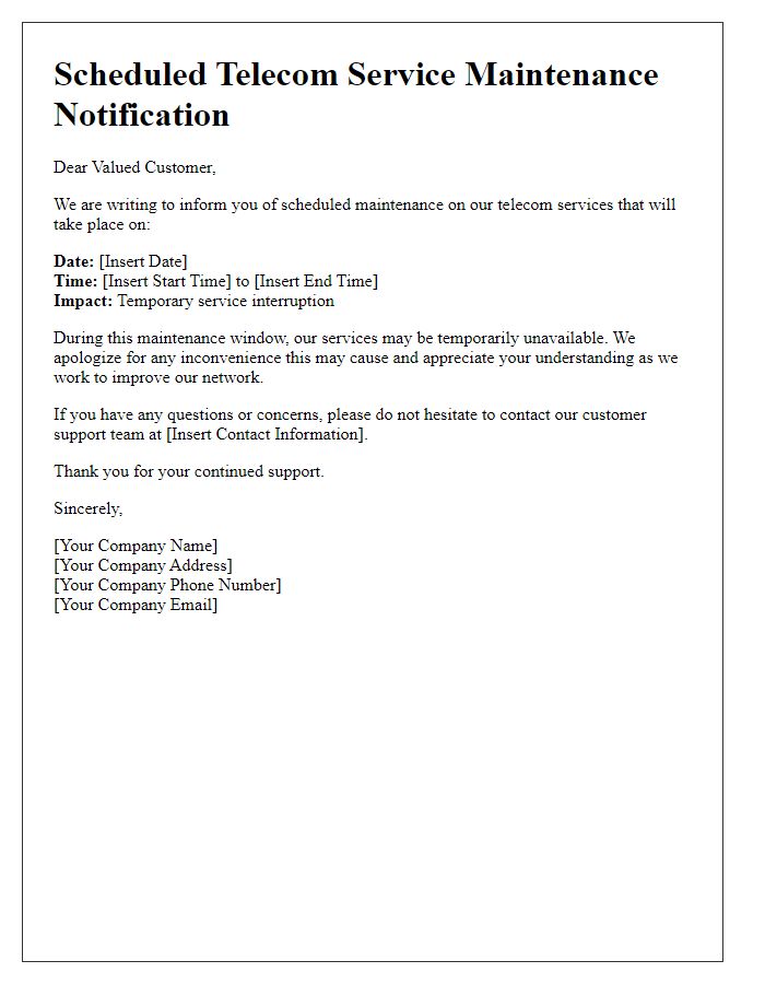 Letter template of scheduled telecom service maintenance notification