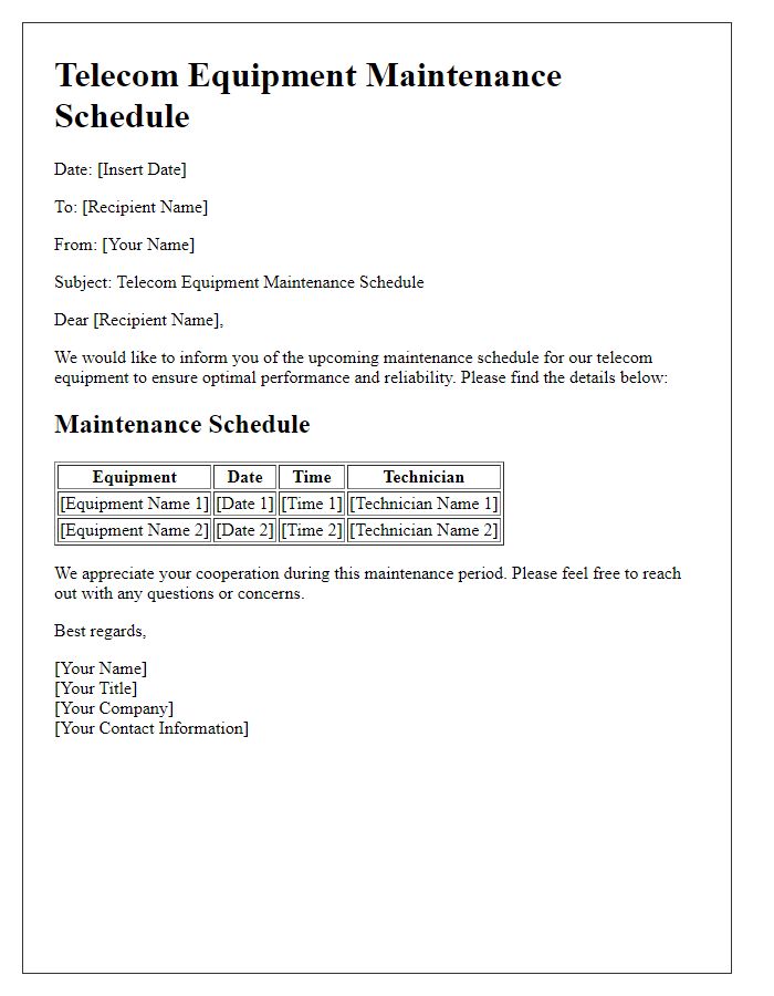 Letter template of telecom equipment maintenance schedule