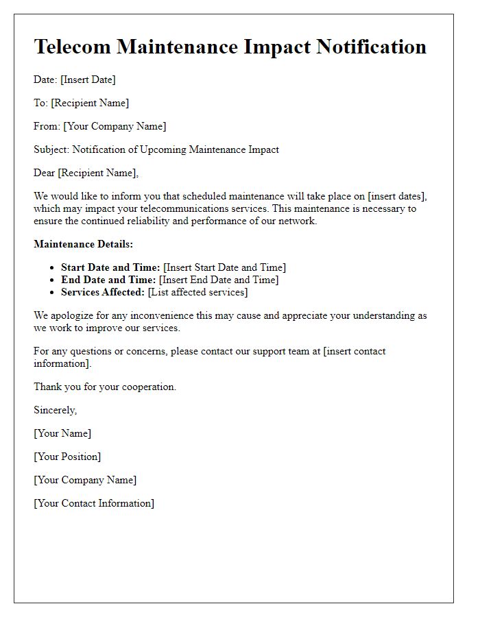 Letter template of telecom maintenance impact notification