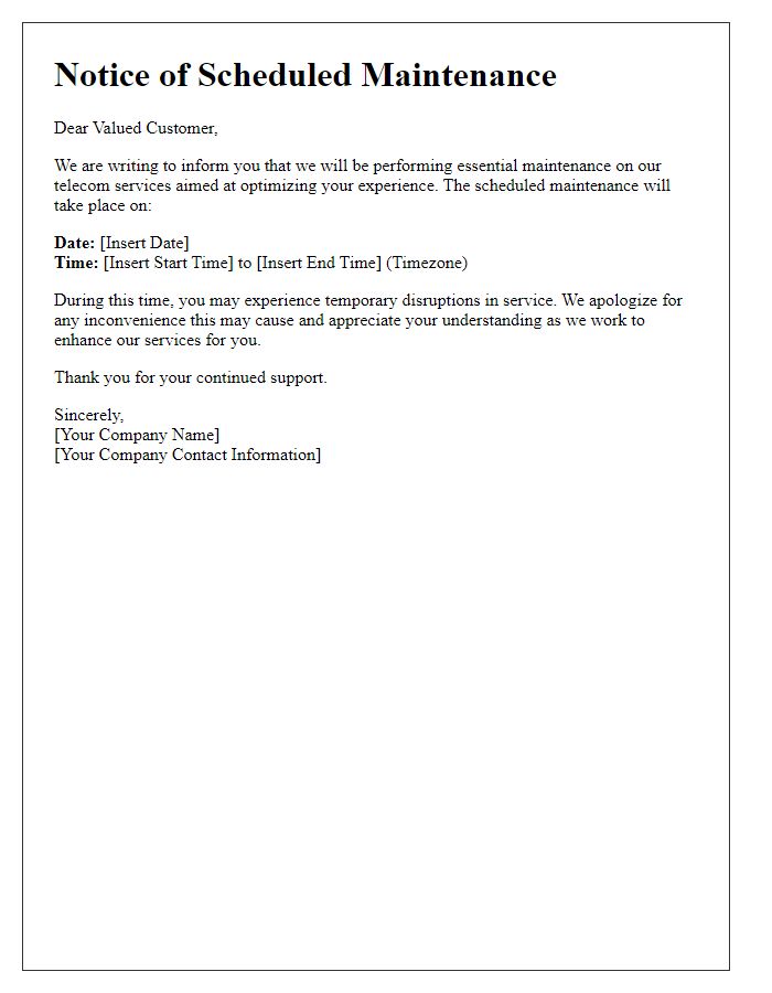 Letter template of telecom service optimization maintenance notice