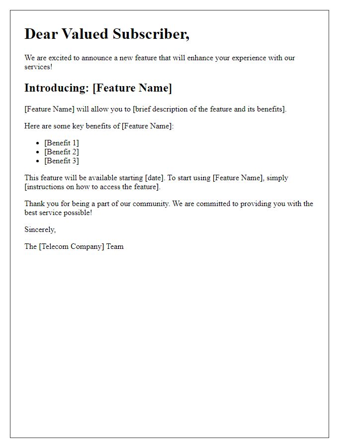 Letter template of telecom new feature introduction to subscribers