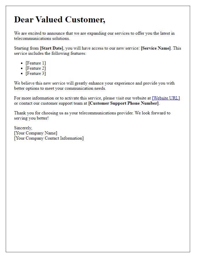 Letter template of telecom new service availability for customers