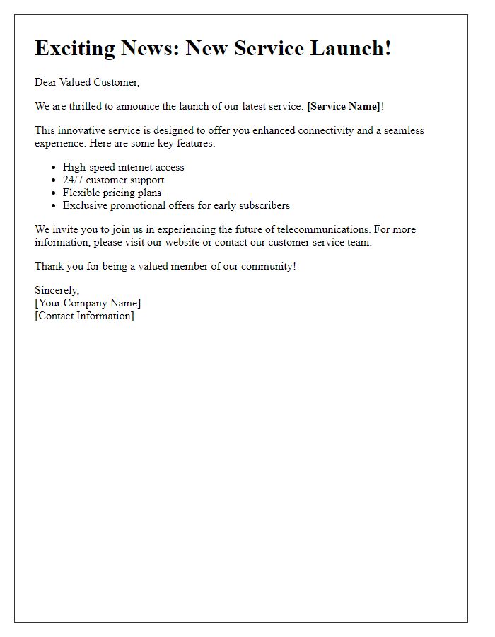 Letter template of telecom new service launch announcement