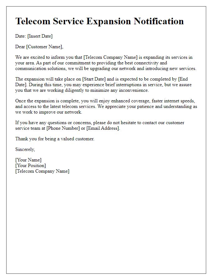 Letter template of telecom service expansion notification