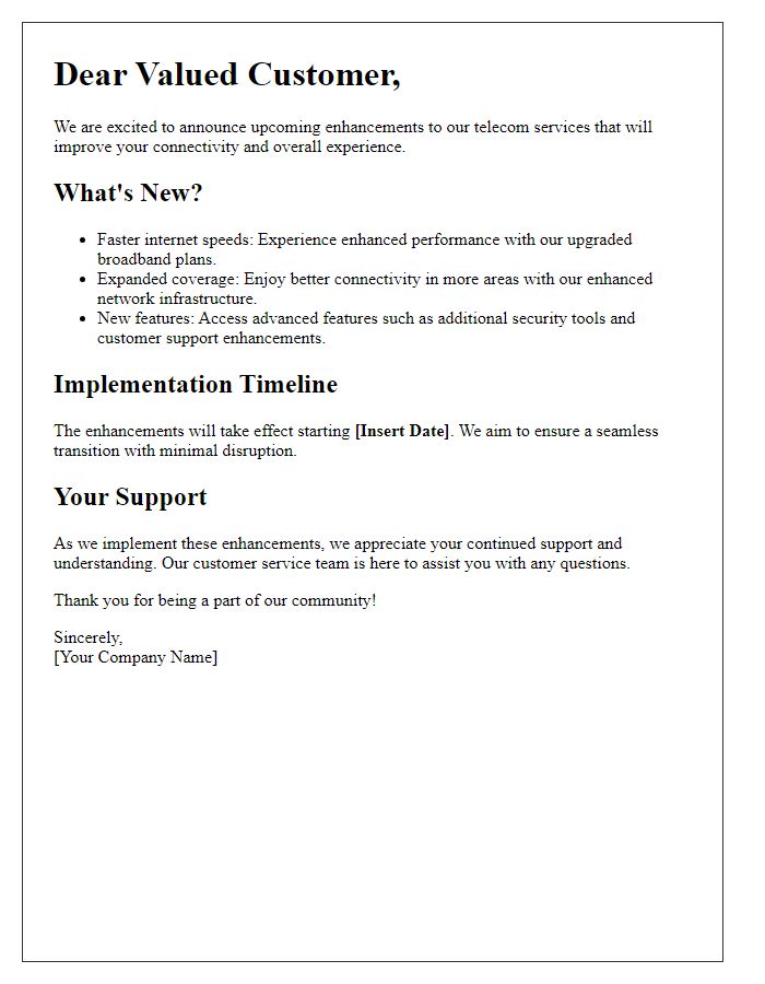 Letter template of telecom upcoming service enhancements