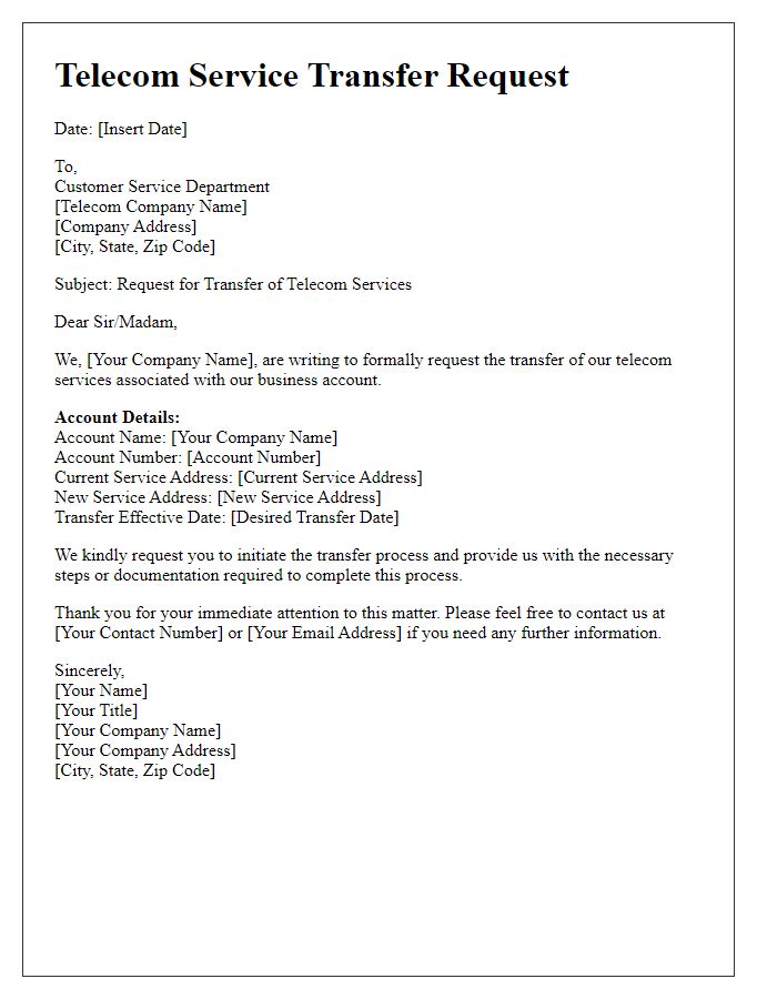 Letter template of telecom service transfer request for business accounts.