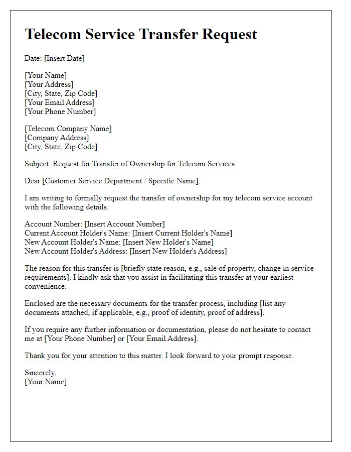 Letter template of telecom service transfer request for change of ownership.