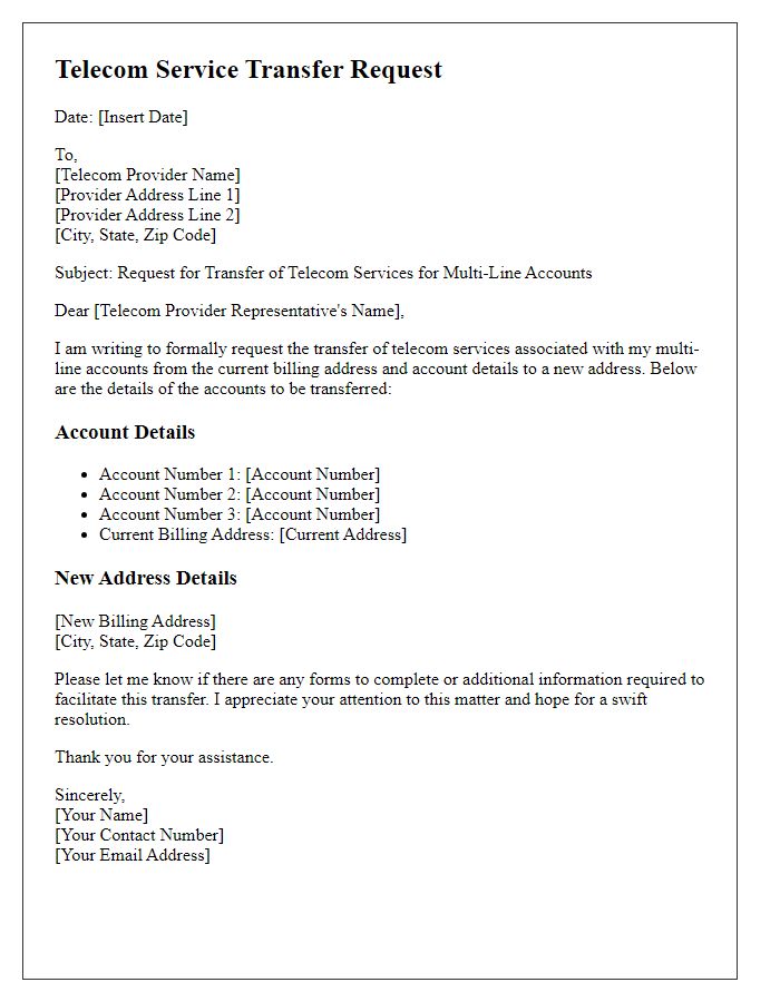 Letter template of telecom service transfer request for multi-line accounts.