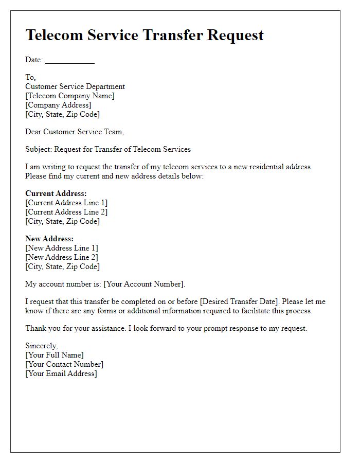 Letter template of telecom service transfer request for residential customers.