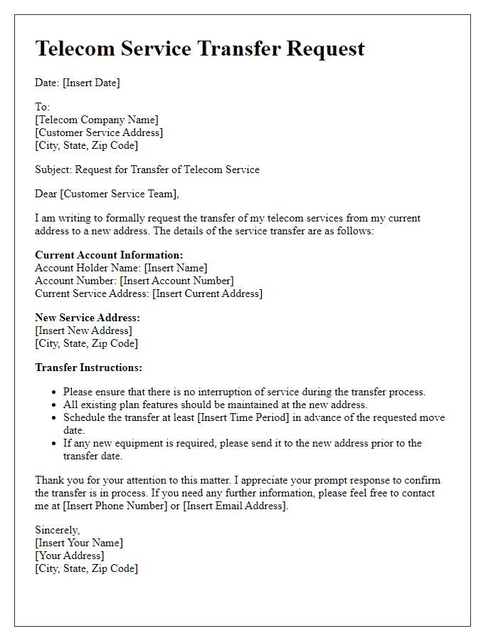 Letter template of telecom service transfer request with special instructions.