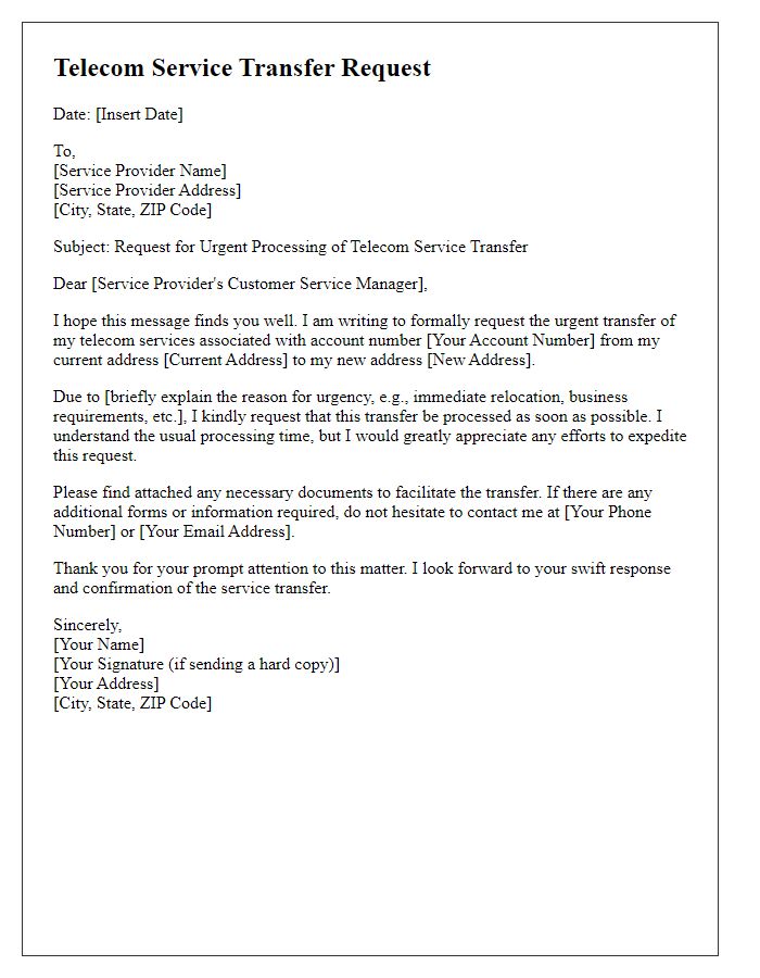 Letter template of telecom service transfer request for urgent processing.