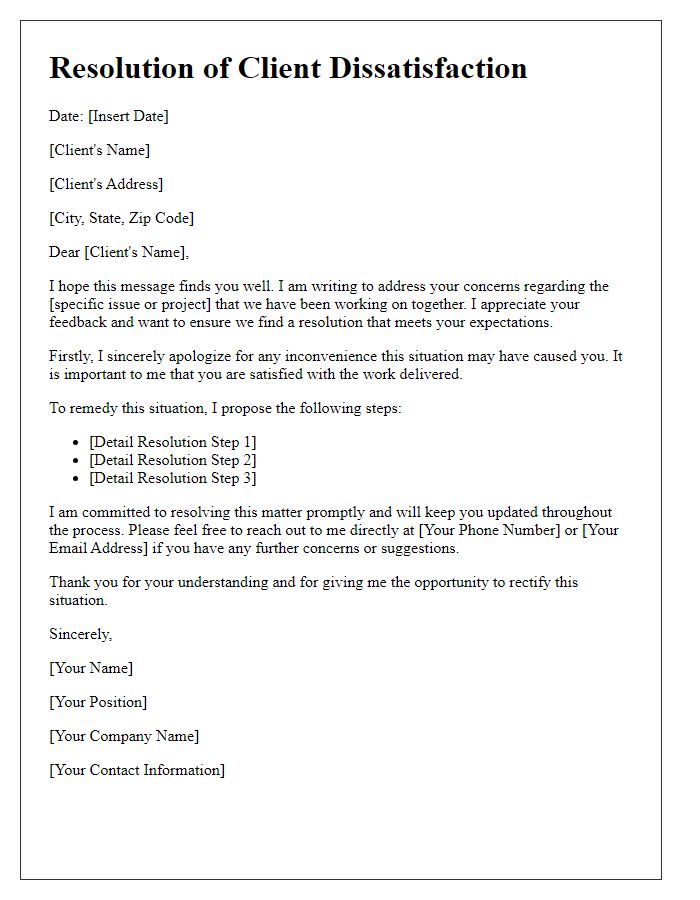 Letter template of freelance client dissatisfaction resolution