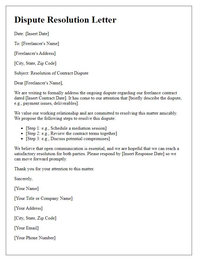 Letter template of freelance contract dispute resolution