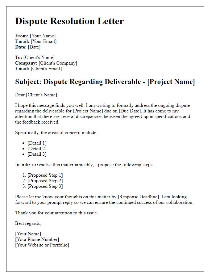 Letter template of freelance deliverable dispute resolution