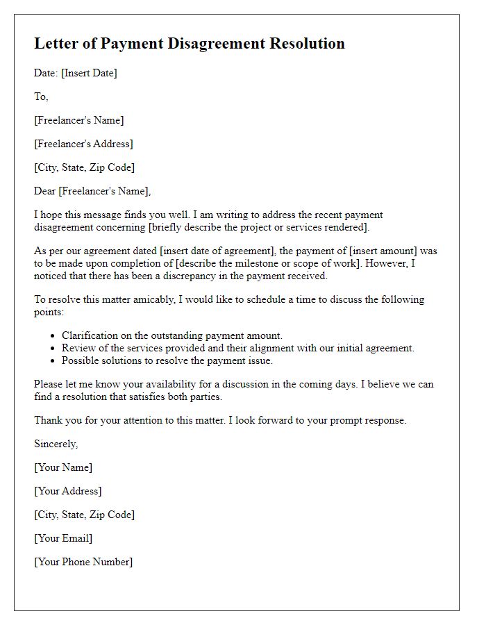 Letter template of freelance payment disagreement resolution