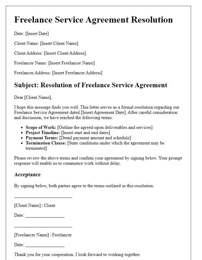 Letter template of freelance service agreement resolution