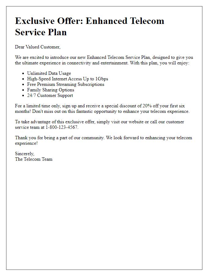 Letter template of enhanced telecom service plan promotion