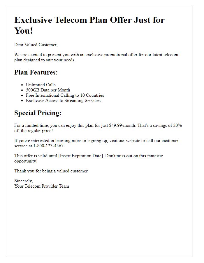 Letter template of exclusive telecom plan promotional offer