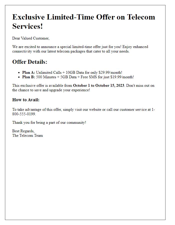 Letter template of limited-time telecom offer notification