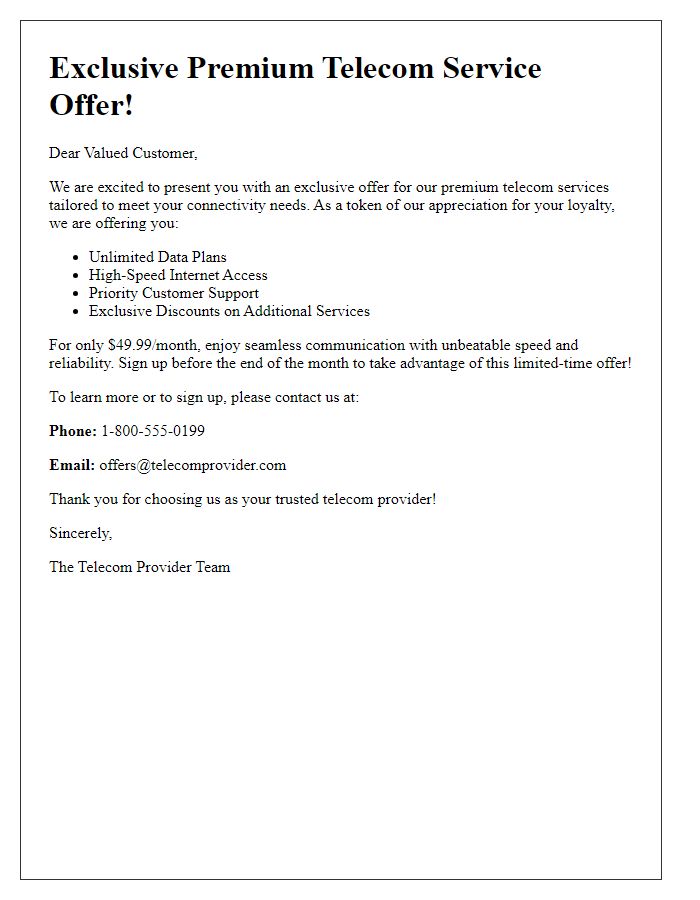 Letter template of premium telecom service offer