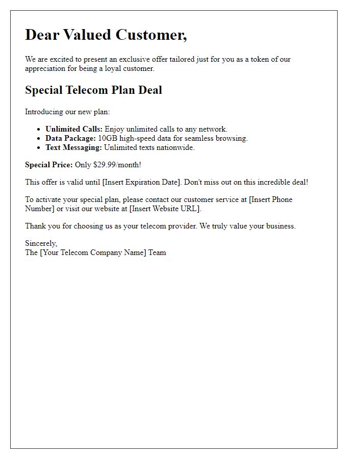 Letter template of special telecom plan deal for valued customers