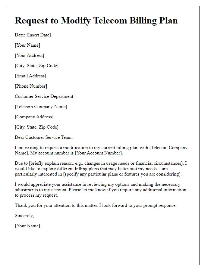 Letter template of request to modify telecom billing plan