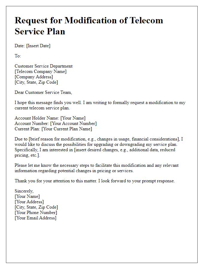 Letter template of telecom service plan modification request