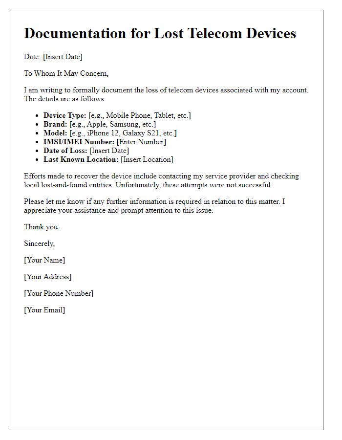 Letter template of documentation for lost telecom devices