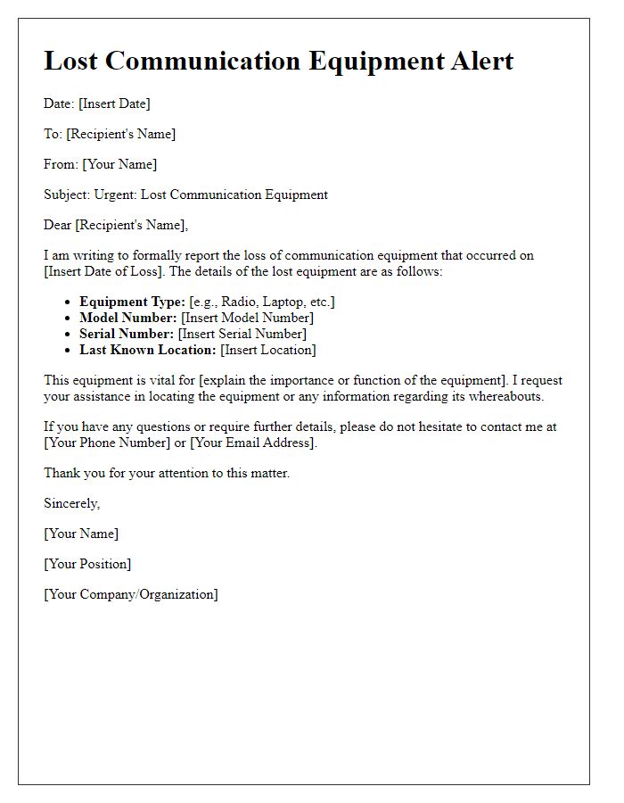 Letter template of lost communication equipment alert