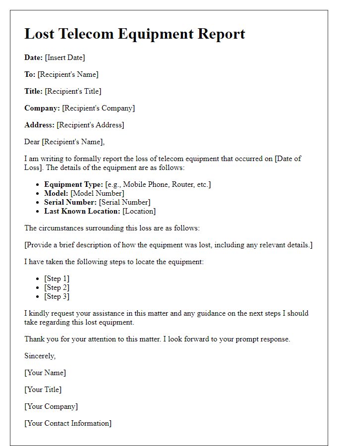 Letter template of lost telecom equipment report