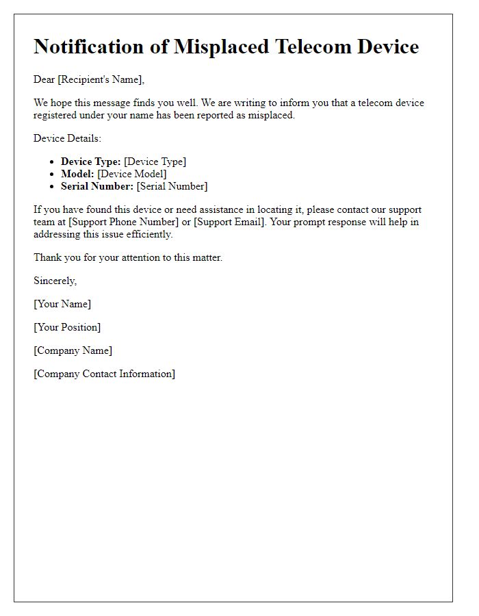 Letter template of misplaced telecom device message