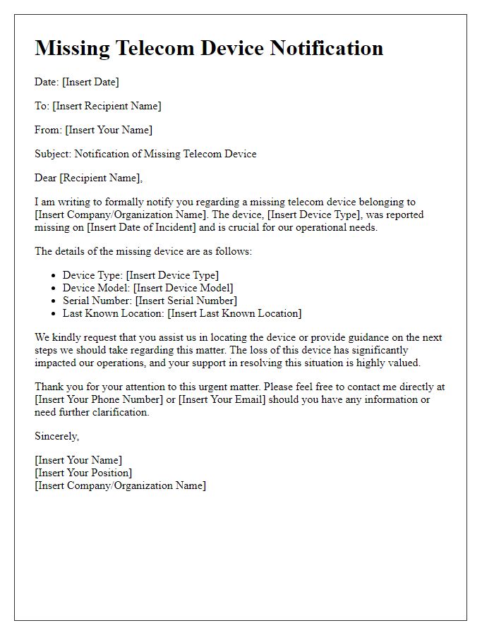 Letter template of missing telecom device notification